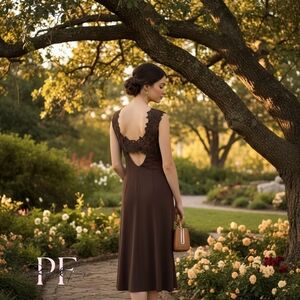 Adrianna Brown Satin & Lace Appliqué Knee Length Cocktail Dress – Size 4